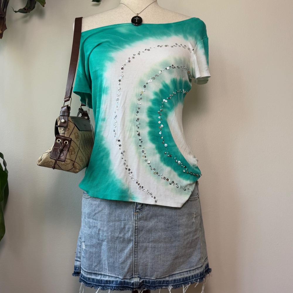 y2k teal tie dye sequin off shoulder boho slouchy top fairy mermaid core hippie